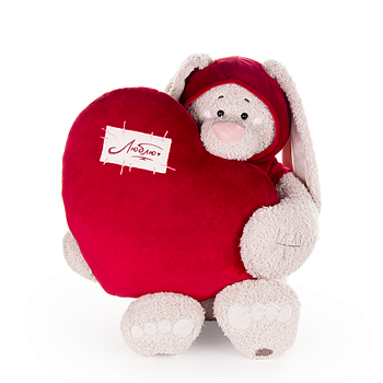 KULT Мягкая игрушка Заяц Вито в бордовой кофте, с сердцем подушкой бордовой, 37 см (СПКВито/14/14)